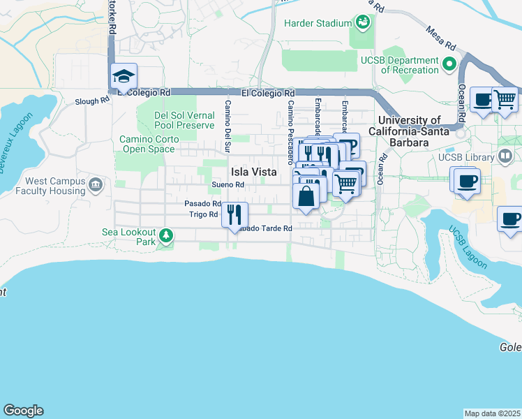 map of restaurants, bars, coffee shops, grocery stores, and more near 6648 Trigo Road in Goleta