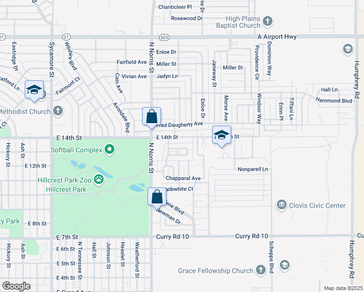 map of restaurants, bars, coffee shops, grocery stores, and more near 2304 South Whippoorwill Way in Clovis