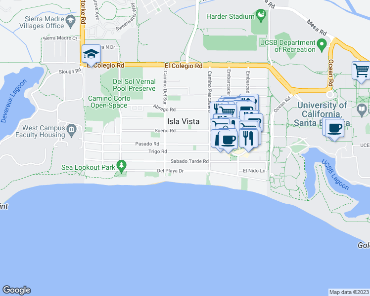 map of restaurants, bars, coffee shops, grocery stores, and more near 6653 Pasado Road in Goleta