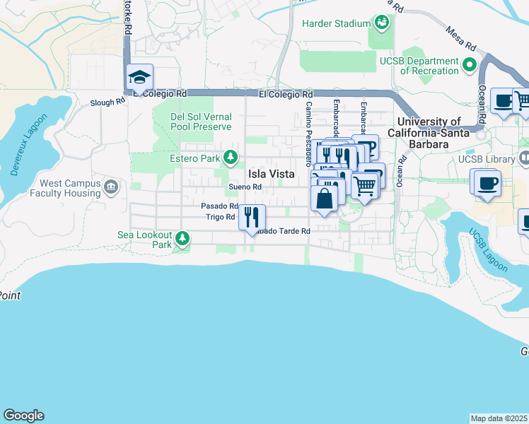 map of restaurants, bars, coffee shops, grocery stores, and more near 6670 Trigo Road in Goleta