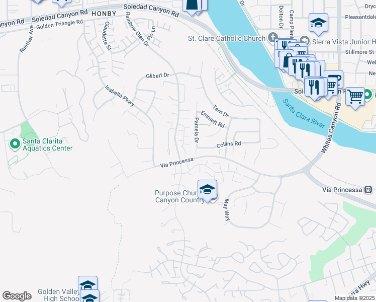 map of restaurants, bars, coffee shops, grocery stores, and more near 26612 Redstart Court in Santa Clarita