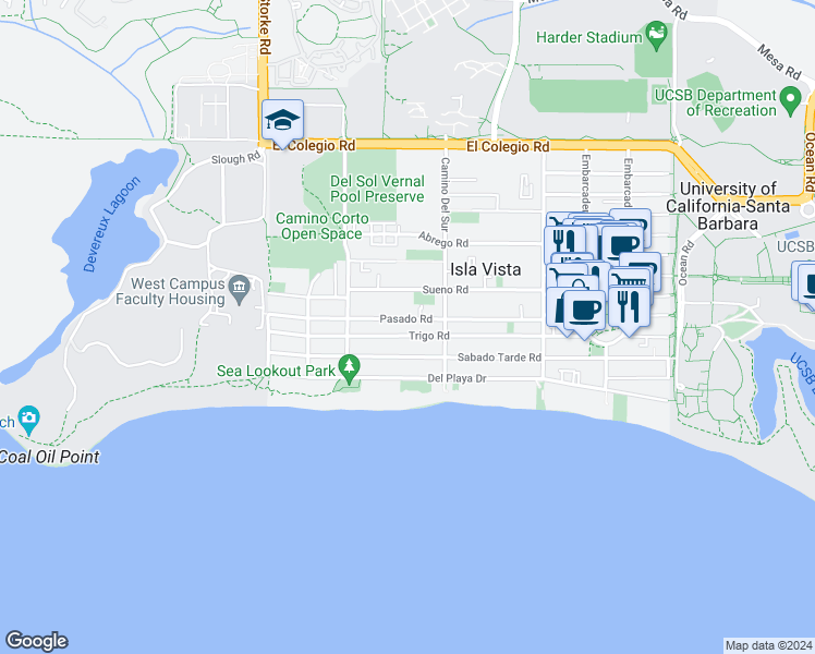 map of restaurants, bars, coffee shops, grocery stores, and more near 6736 Trigo Rd in Isla Vista