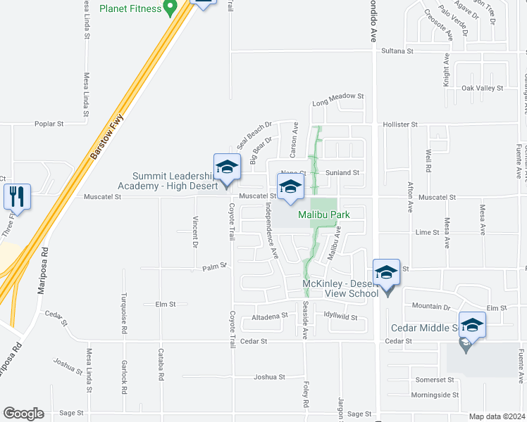 map of restaurants, bars, coffee shops, grocery stores, and more near 12987 Clovis Court in Hesperia