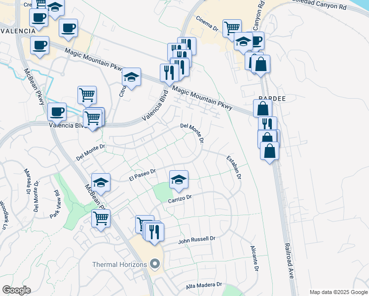 map of restaurants, bars, coffee shops, grocery stores, and more near 26033 Tierra Drive in Santa Clarita