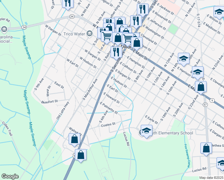 map of restaurants, bars, coffee shops, grocery stores, and more near 602-798 South 4th Avenue in Dillon