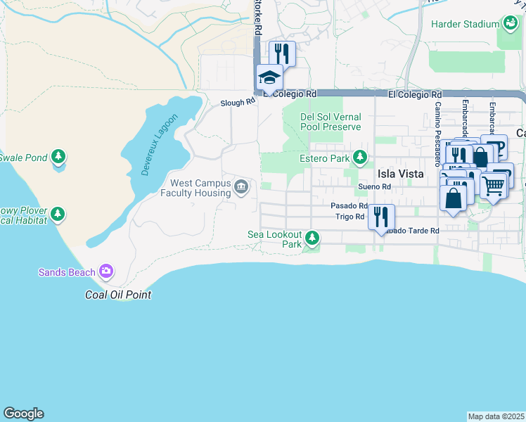 map of restaurants, bars, coffee shops, grocery stores, and more near 6898 Trigo Road in Goleta