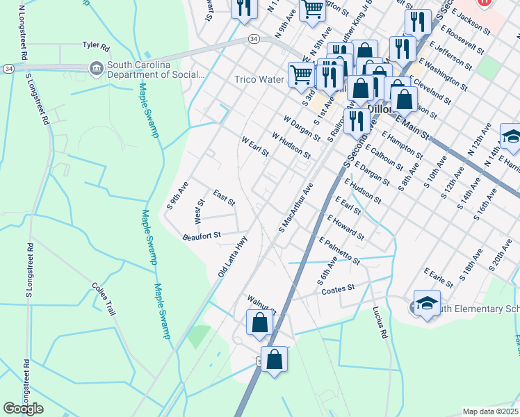map of restaurants, bars, coffee shops, grocery stores, and more near 806 Lane Circle in Dillon