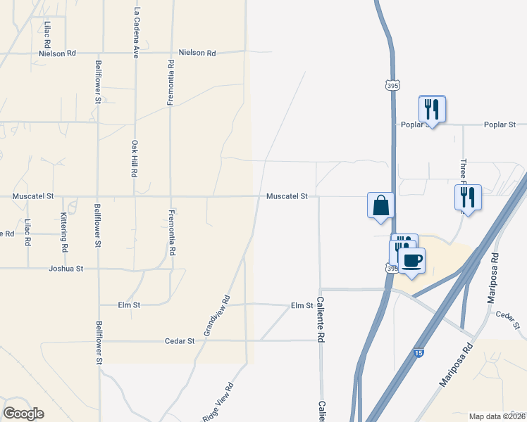 map of restaurants, bars, coffee shops, grocery stores, and more near Muscatel Street in Hesperia