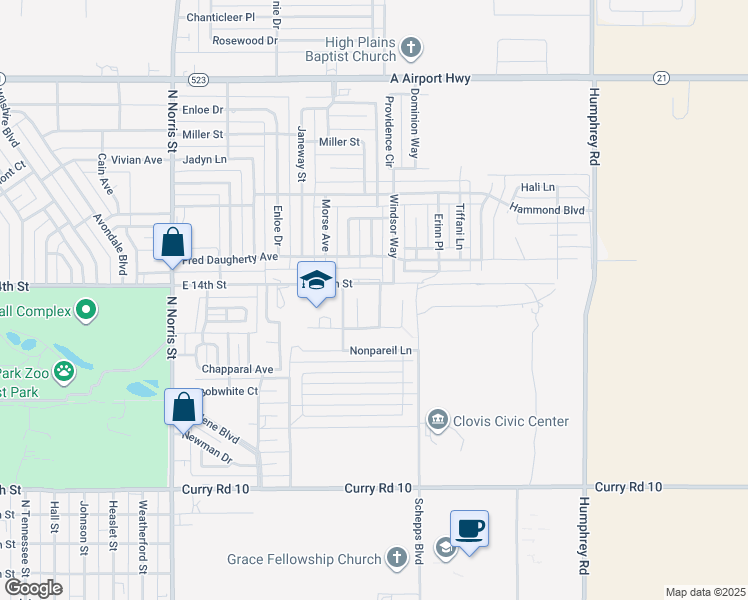 map of restaurants, bars, coffee shops, grocery stores, and more near 1600 Windsor Way in Clovis