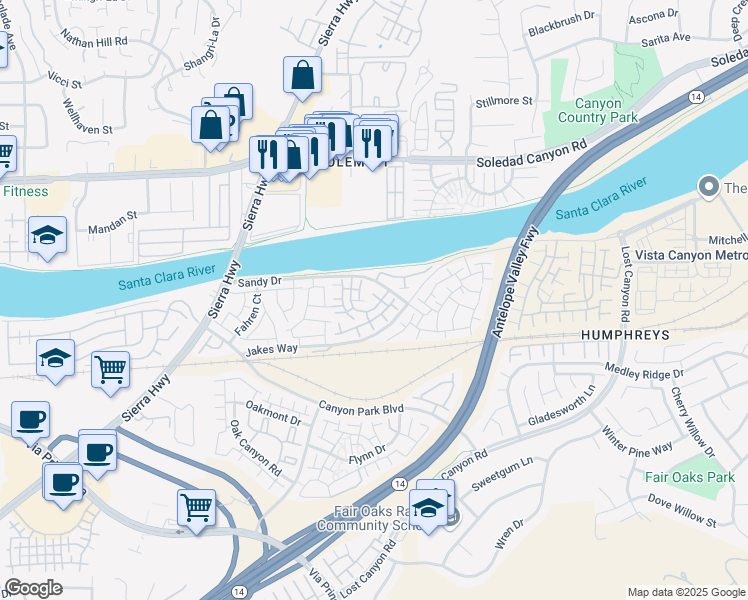 map of restaurants, bars, coffee shops, grocery stores, and more near 18001 Annes Circle in Los Angeles County