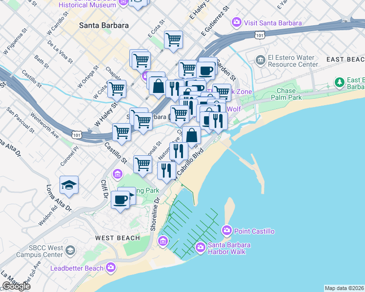 map of restaurants, bars, coffee shops, grocery stores, and more near 123 Natoma Avenue in Santa Barbara