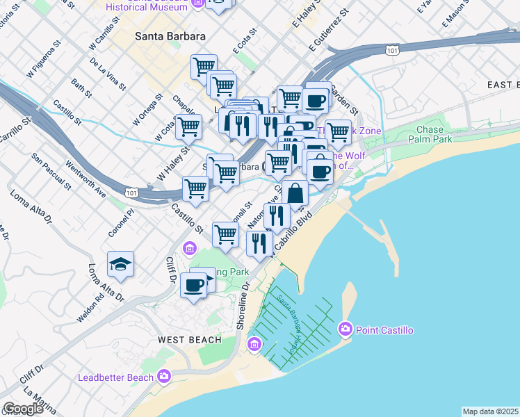 map of restaurants, bars, coffee shops, grocery stores, and more near 205 West Yanonali Street in Santa Barbara