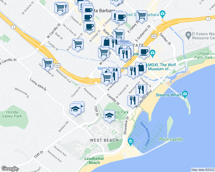 map of restaurants, bars, coffee shops, grocery stores, and more near 316 West Montecito Street in Santa Barbara