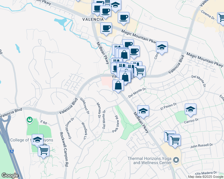 map of restaurants, bars, coffee shops, grocery stores, and more near 24119 Del Monte Drive in Santa Clarita