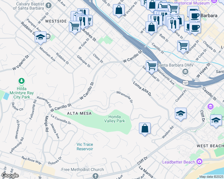 map of restaurants, bars, coffee shops, grocery stores, and more near 848 Miramonte Drive in Santa Barbara
