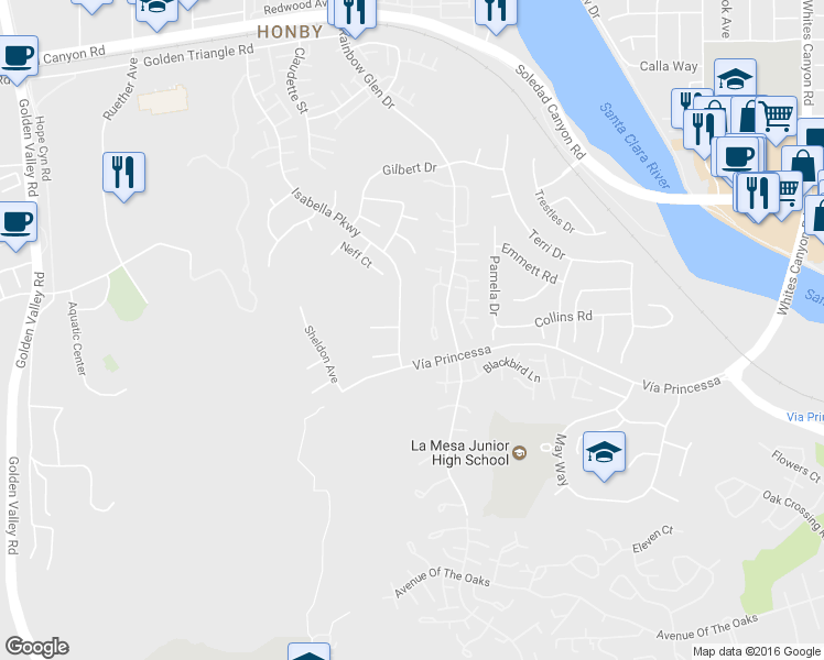 map of restaurants, bars, coffee shops, grocery stores, and more near 26506 Isabella Parkway in Santa Clarita