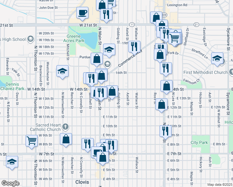 map of restaurants, bars, coffee shops, grocery stores, and more near 1312 Gidding Street in Clovis