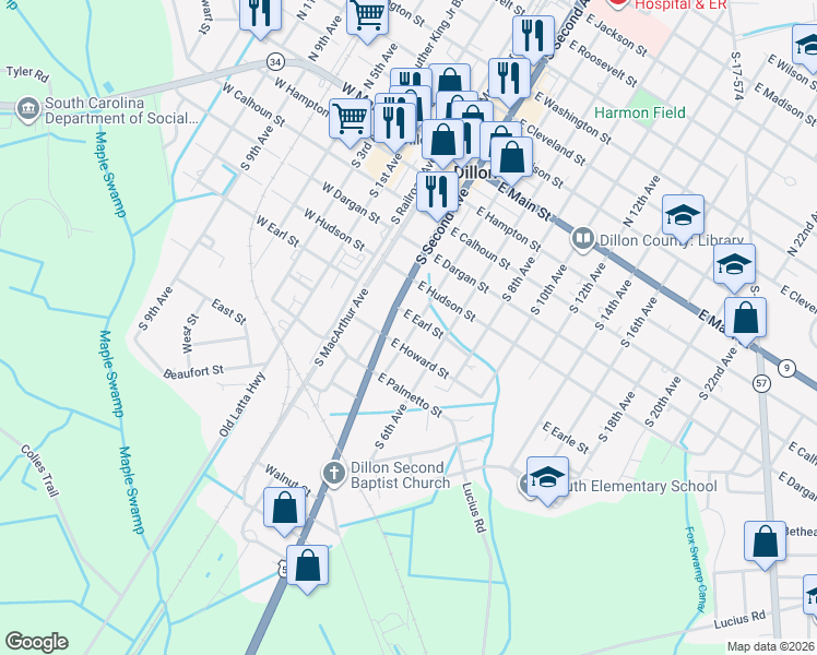map of restaurants, bars, coffee shops, grocery stores, and more near 602 South 4th Avenue in Dillon