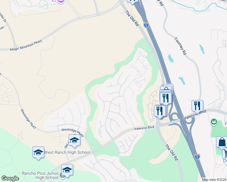 map of restaurants, bars, coffee shops, grocery stores, and more near 25625 Birchleaf Court in Los Angeles County
