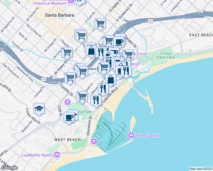 map of restaurants, bars, coffee shops, grocery stores, and more near 112 West Mason Street in Santa Barbara