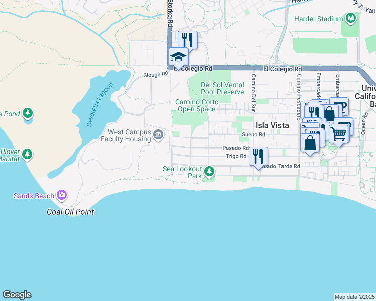 map of restaurants, bars, coffee shops, grocery stores, and more near 6859 Pasado Road in Goleta