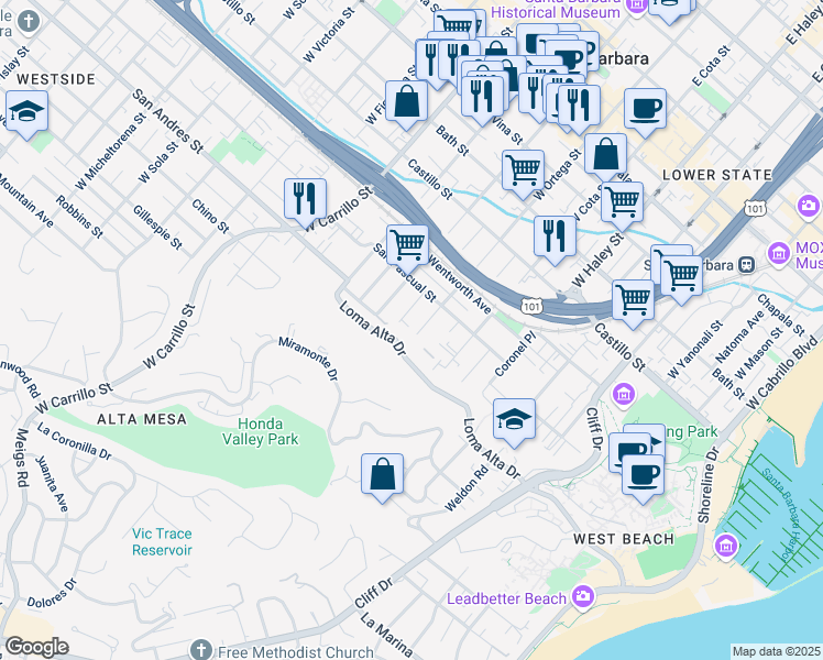 map of restaurants, bars, coffee shops, grocery stores, and more near 636 West Ortega Street in Santa Barbara