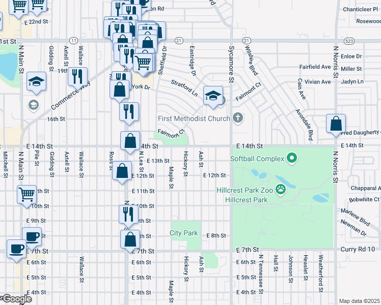 map of restaurants, bars, coffee shops, grocery stores, and more near 1313 Hickory Street in Clovis