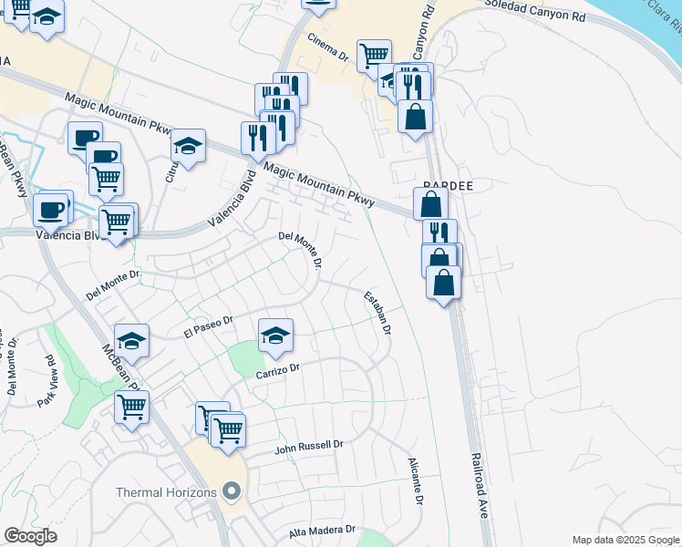 map of restaurants, bars, coffee shops, grocery stores, and more near 26018 Palomita Drive in Santa Clarita