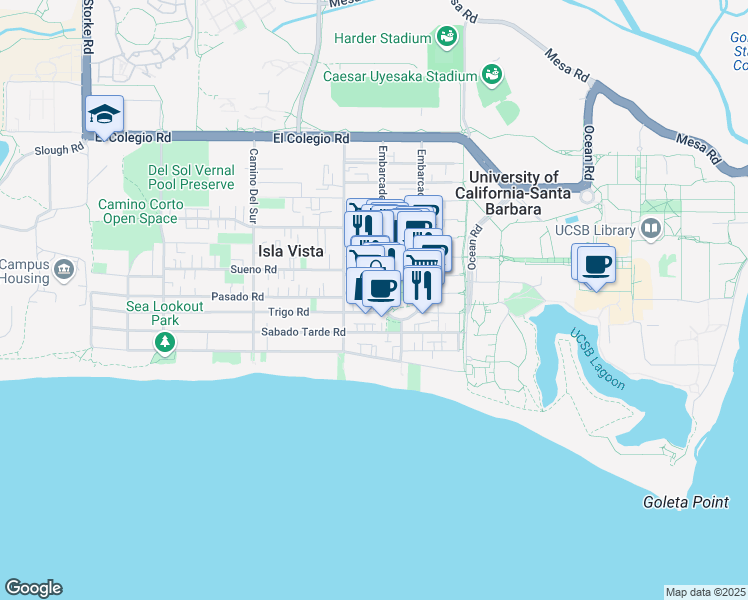 map of restaurants, bars, coffee shops, grocery stores, and more near 961 Embarcadero del Mar in Goleta