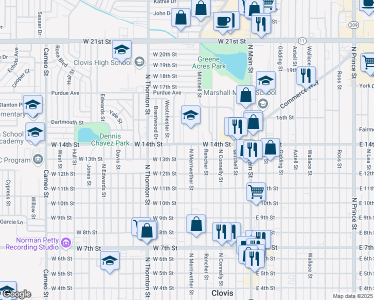 map of restaurants, bars, coffee shops, grocery stores, and more near 1312 North Merriwether Street in Clovis
