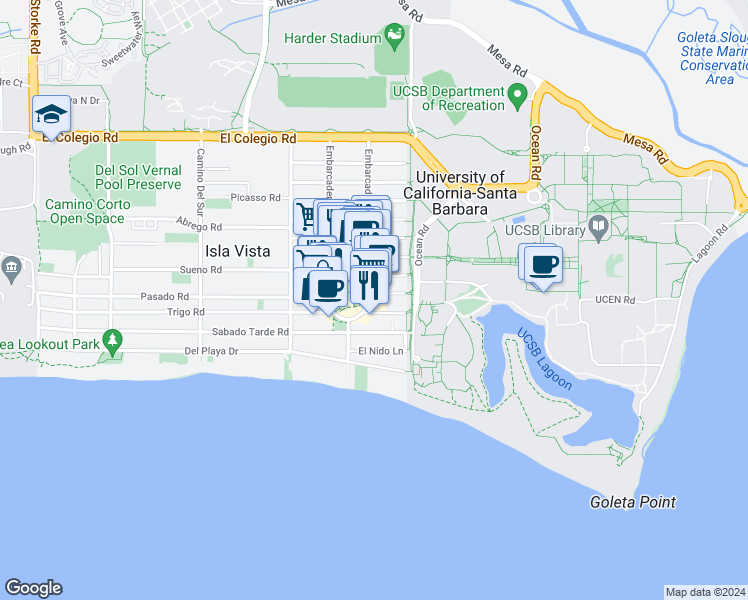 map of restaurants, bars, coffee shops, grocery stores, and more near 956 Embarcadero del Norte in Goleta