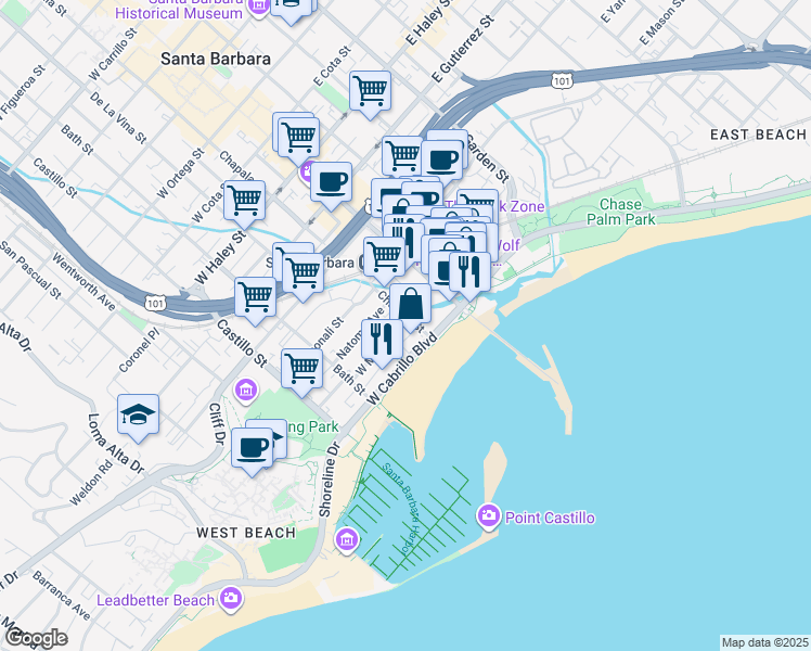 map of restaurants, bars, coffee shops, grocery stores, and more near 65 Chapala Street in Santa Barbara