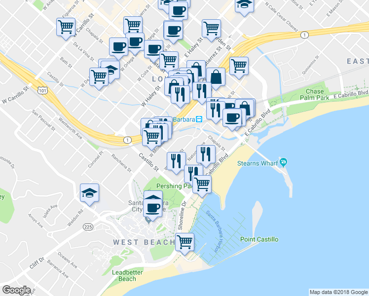 map of restaurants, bars, coffee shops, grocery stores, and more near 205 West Yanonali Street in Santa Barbara