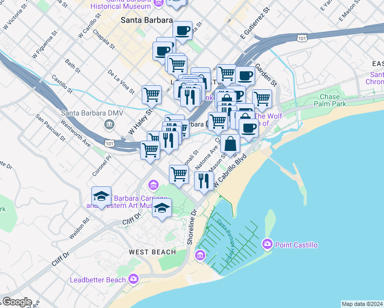 map of restaurants, bars, coffee shops, grocery stores, and more near 205 West Yanonali Street in Santa Barbara