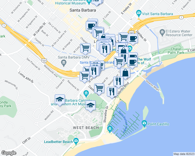 map of restaurants, bars, coffee shops, grocery stores, and more near 231 Los Aguajes Avenue in Santa Barbara