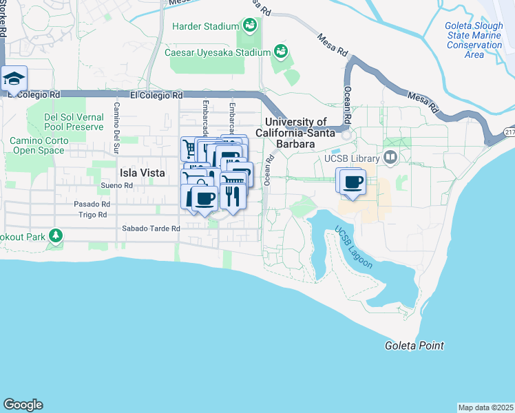 map of restaurants, bars, coffee shops, grocery stores, and more near 6519 Seville Road in Goleta