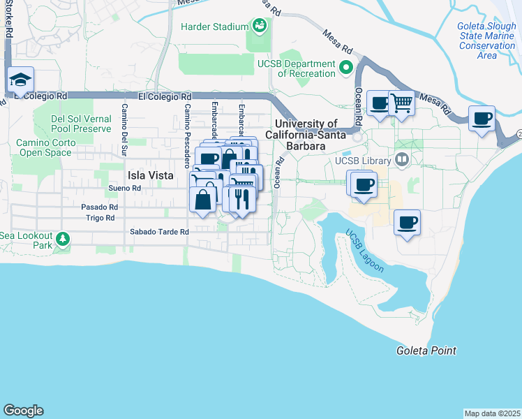 map of restaurants, bars, coffee shops, grocery stores, and more near 6519 Seville Road in Goleta