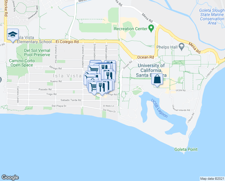 map of restaurants, bars, coffee shops, grocery stores, and more near 6519 Seville Road in Goleta