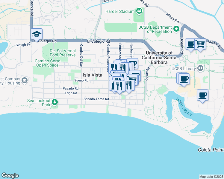 map of restaurants, bars, coffee shops, grocery stores, and more near 961 Embarcadero del Mar in Goleta