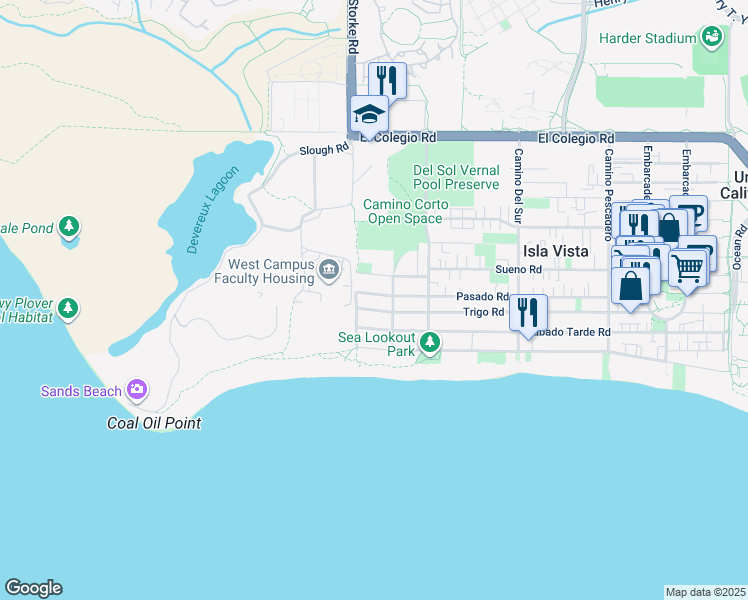 map of restaurants, bars, coffee shops, grocery stores, and more near 6898 Trigo Road in Goleta