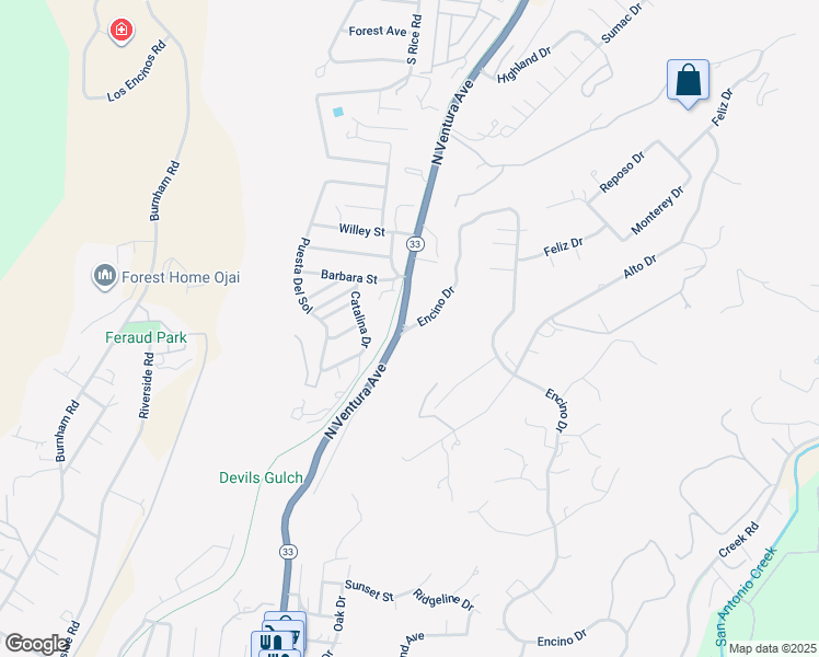 map of restaurants, bars, coffee shops, grocery stores, and more near in Oak View
