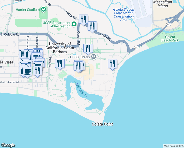 map of restaurants, bars, coffee shops, grocery stores, and more near in Isla Vista