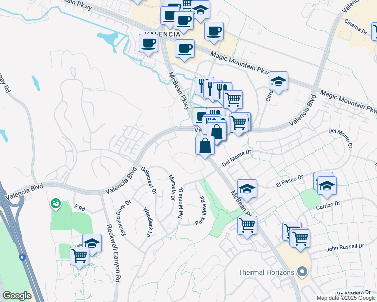 map of restaurants, bars, coffee shops, grocery stores, and more near 24121 Del Monte Drive in Santa Clarita