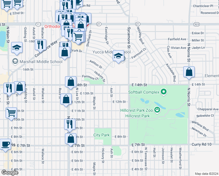 map of restaurants, bars, coffee shops, grocery stores, and more near 1316 Ash Street in Clovis