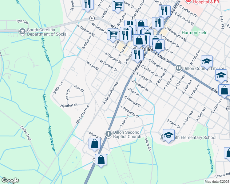 map of restaurants, bars, coffee shops, grocery stores, and more near 102 East Howard Street in Dillon