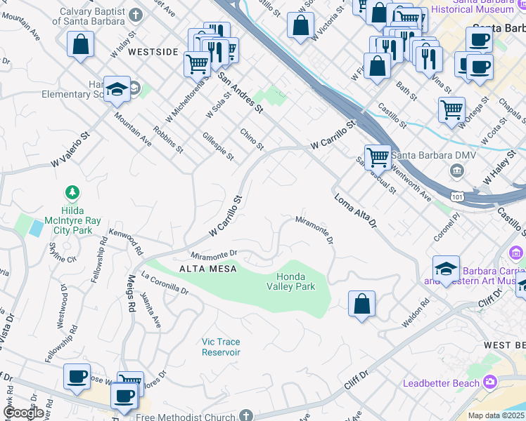 map of restaurants, bars, coffee shops, grocery stores, and more near 930 Miramonte Drive in Santa Barbara
