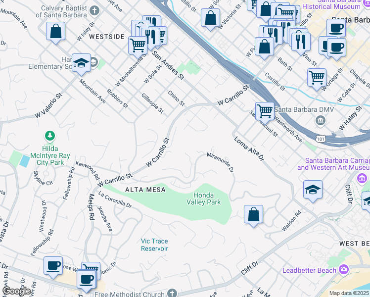 map of restaurants, bars, coffee shops, grocery stores, and more near 930 Miramonte Drive in Santa Barbara