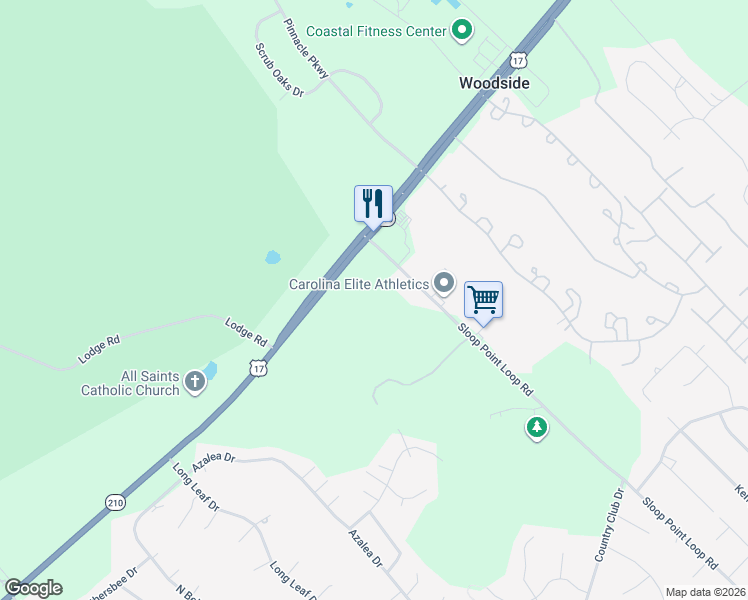 map of restaurants, bars, coffee shops, grocery stores, and more near 19240 U.S. 17 in Hampstead