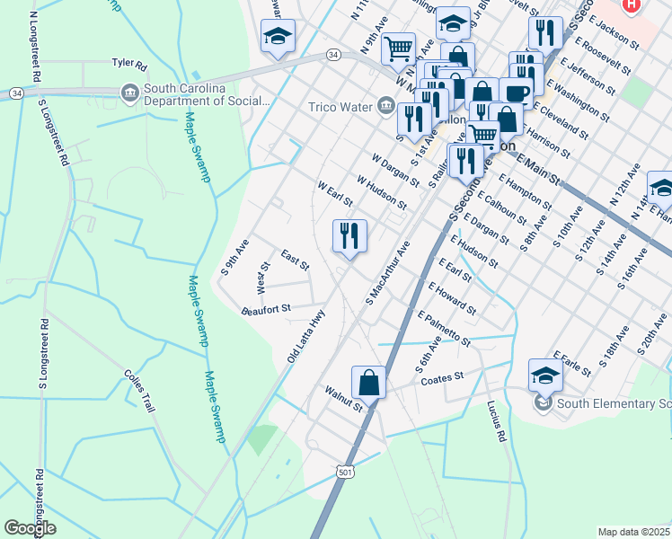 map of restaurants, bars, coffee shops, grocery stores, and more near 806 Lane Circle in Dillon