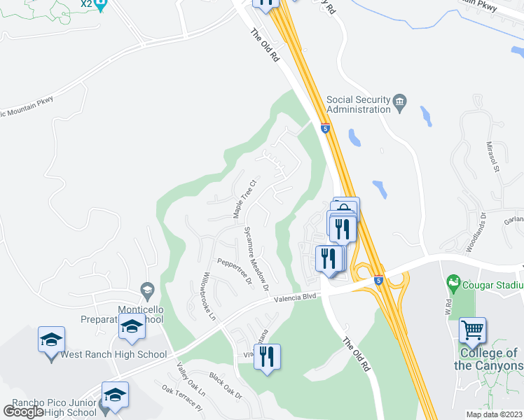 map of restaurants, bars, coffee shops, grocery stores, and more near 27015 Pebble Beach Drive in Los Angeles County